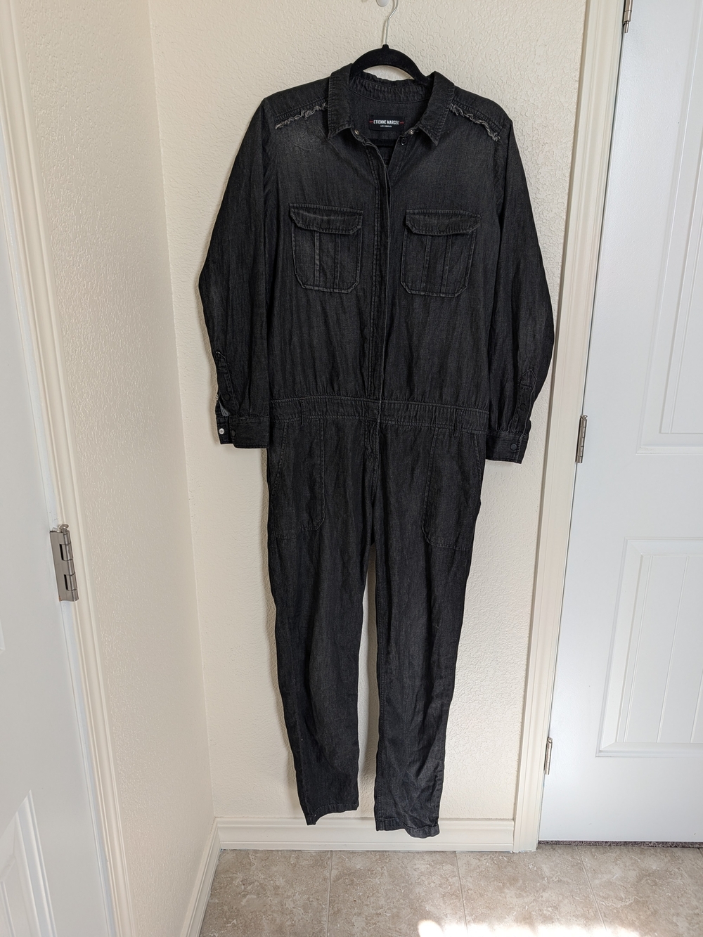 ETIENNE MARCEL Stonewashed Black Denim Utility Jumpsuit M/L Art To Wear Overalls